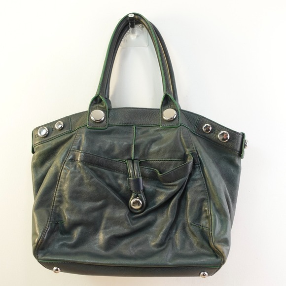 Studded‎ Genuine Leather Tote Large Dark Green BANANA REPUBLIC Metal Stud Heavy - Picture 1 of 16